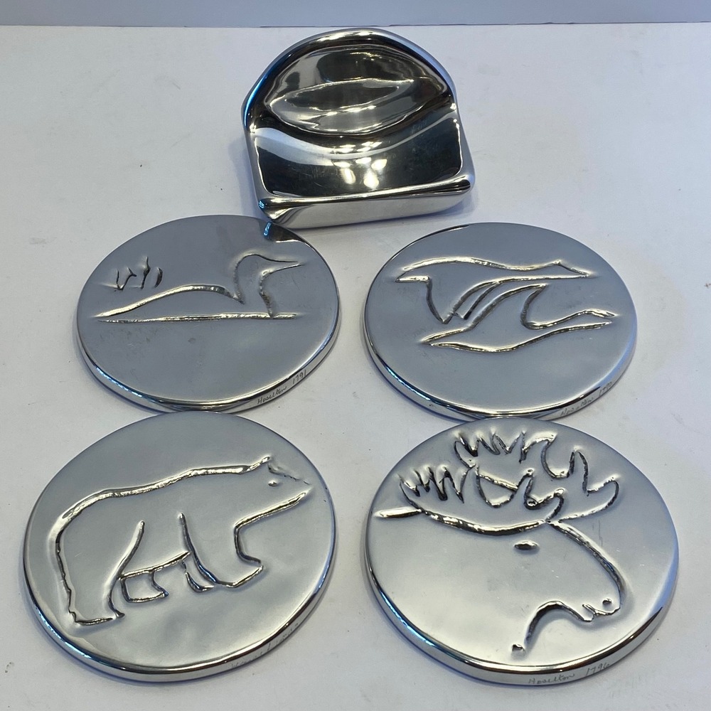 VTG Hoselton Sculpture Coaster Set Silver Excellent Aluminum Wildlife 4pc Holder